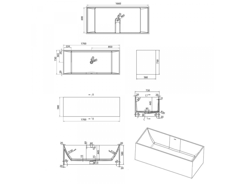 Купить Ванна из искусственного камня Aquanet Soul Smooth TC-S107 198938, 170 x 73 см, цвет белый матовый