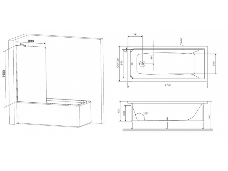 Купить Акриловая ванна Am.Pm Gem 170 x 70 см, W90ASET-170W90BS80CT, с каркасом и шторкой на борт ванны