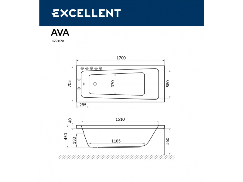 Купить Ванна акриловая Excellent Ava 170 х 70 см, с каркасом