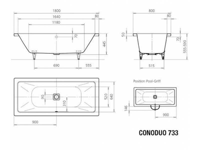 Купить Стальная ванна Kaldewei Conoduo мод. 733, 180*80*43 см, без покрытия, 2351.0001.0001