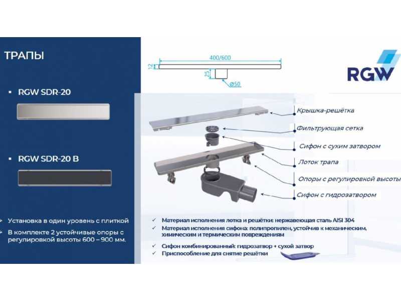 Купить Дренажный канал RGW Shower Drain SDR-20B, 60 см, решетка черная, 47212060-04