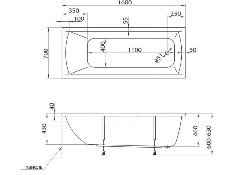 Купить Ванна 1MarKa MODERN, прямоугольная, 160 х 70 см (01мод1670)