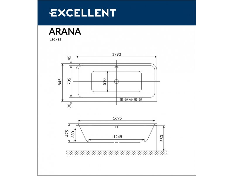 Купить Ванна акриловая Excellent ARANA 180 x 85 см, с каркасом