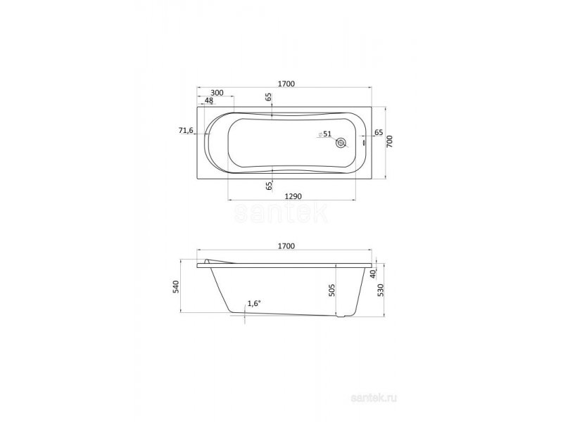 Купить Ванна акриловая Santek Тенерифе XL 1.WH30.1.979, 170 х 70 см, белая