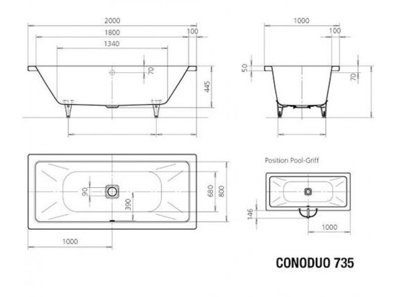 Купить Стальная ванна Kaldewei Conoduo мод. 735, 200 х 100 х 43 см, без покрытия, 2353.0001.0001