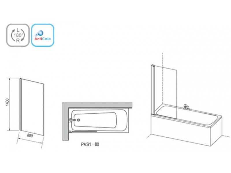 Купить Шторка для ванны Ravak PVS1-80, 80 х 140 см, профиль блестящий, витраж транспарент, 79840C00Z1