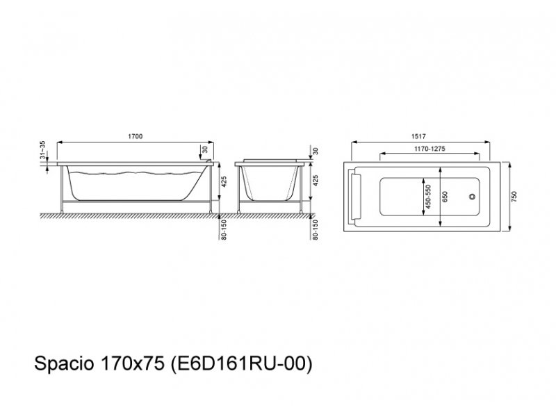 Купить Акриловая ванна Jacob Delafon Spacio E6D161RU-00, 170 х 75 см