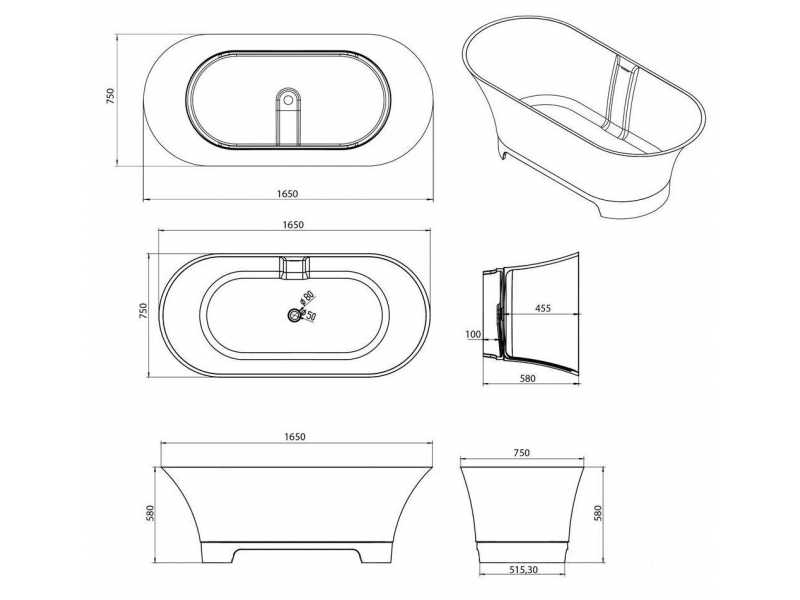 Купить Ванна из искусственного камня Aquanet Bloom Ellipse TC-S92 198954, 165 x 75 см, цвет белый глянцевый