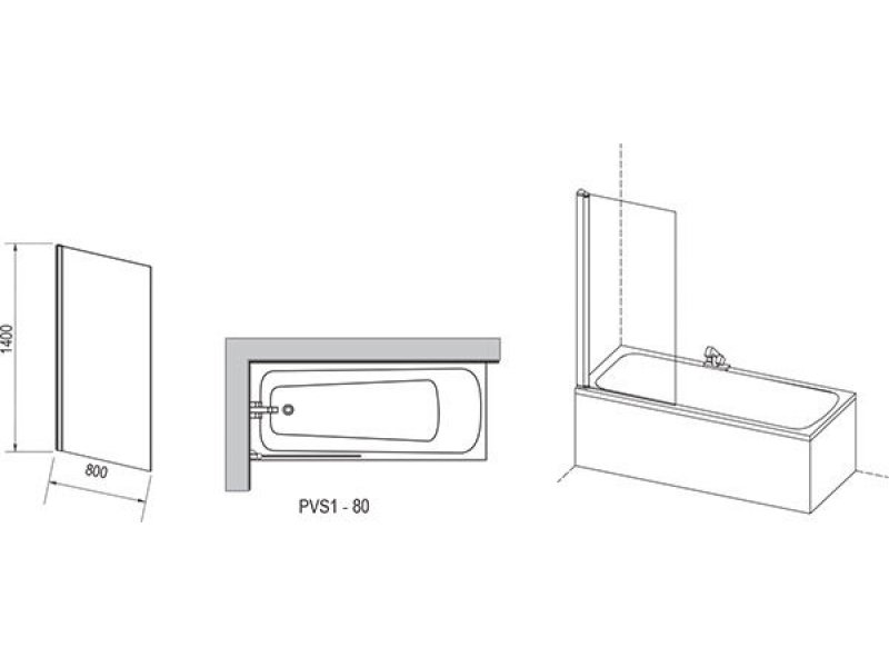 Купить Шторка для ванны Ravak PVS1-80, 80 х 140 см, профиль белый, витраж транспарент, 79840100Z1
