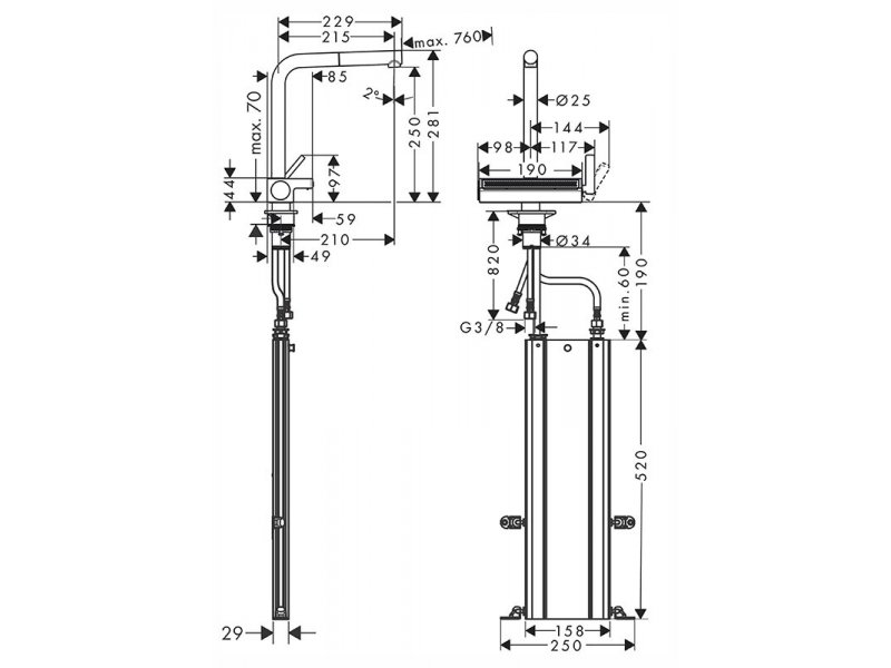 Купить Кухонный смеситель Hansgrohe Aquno Select M81, 73830670, ComfortZone 250, с вытяжным изливом, 2 режима струи, черный матовый