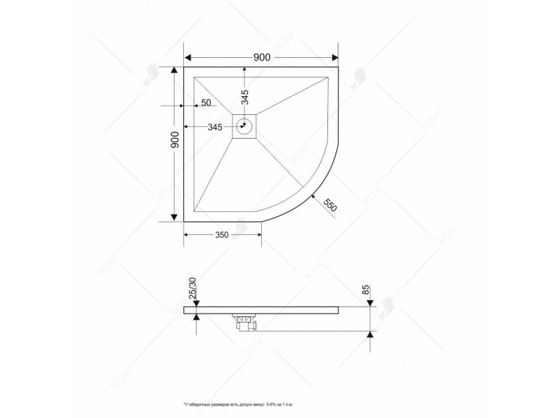 Купить Душевой поддон RGW ST/R-0099W 16153099-01 90 x 90 см, четверть круга, цвет белый, из искусственного камня