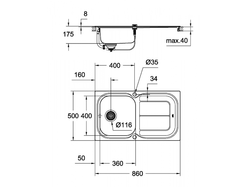 Купить Мойка кухонная из нержавеющей стали Grohe K300 45-S 86/50, 31563SD0 с корзинчатым вентилем и донным клапаном, хром