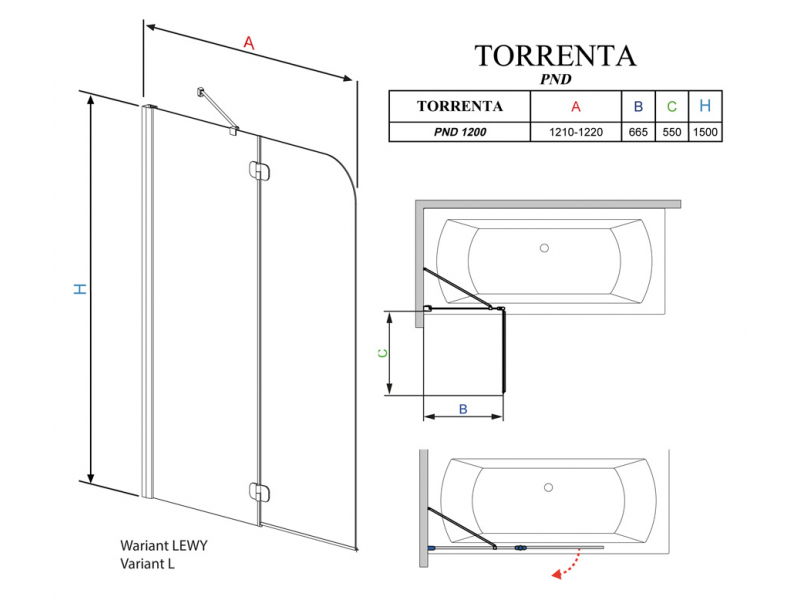 Купить Шторка на ванну Radaway Torrenta PND 120 прозрачное стекло L