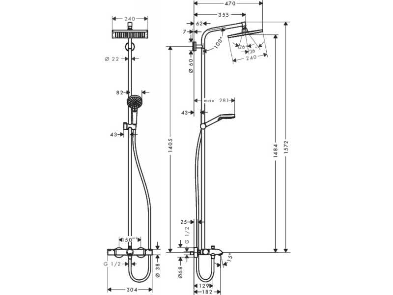 Купить Душевая стойка Hansgrohe Crometta E 240 1jet Showerpipe 27298000 хром с термостатом