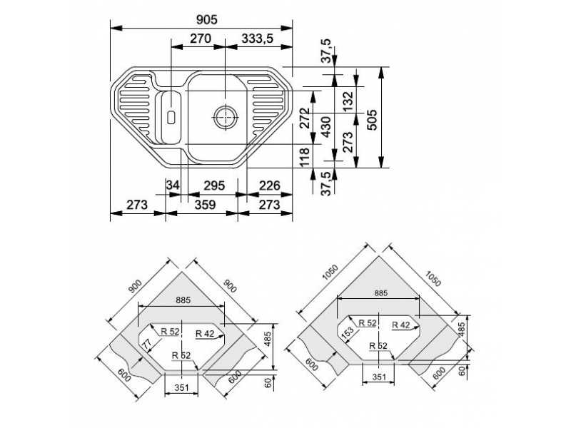 Купить Мойка угловая Franke EUROFORM EFG 682 E, 114.0185.114, гранит, установка сверху, цвет серебристый, 90,5*50,5 см