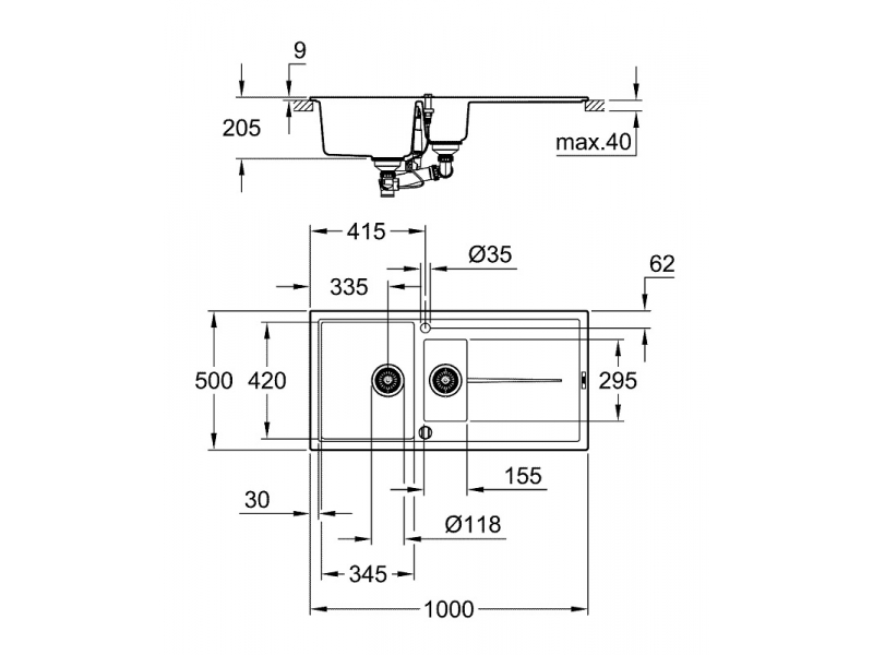 Купить Мойка кухонная из искусственного гранита Grohe K400, 31642AT0, 100 x 50 см, с корзинчатым фильтром и донным клапаном, серый гранит