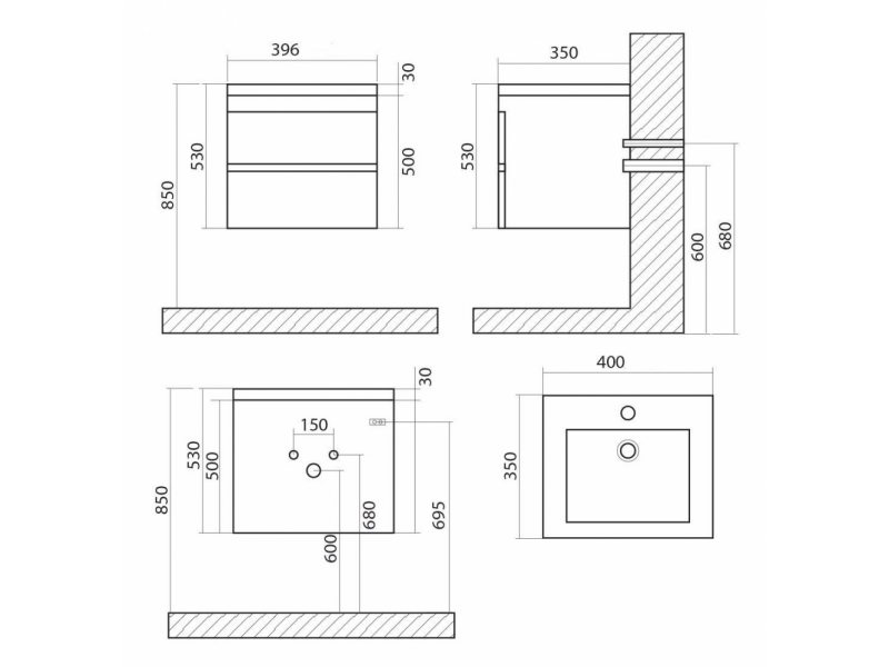 Купить Тумба под раковину Art&Max Family-400-2C-SO-CV, 40 x 35 x 50 см подвесная, серый