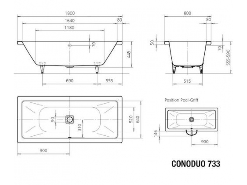 Купить Стальная ванна Kaldewei Conoduo мод. 733, 180 х 80 х 43 см, anti-slip, 2351.3000.0001