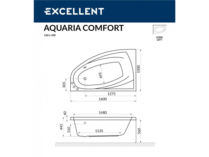 Купить Ванна акриловая Excellent Aquaria Comfort 160 х 100 см (WAEX.AQL16WH/WAEX.AQP16WH)