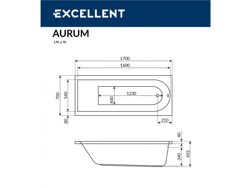 Купить Акриловая ванна Excellent Actima Aurum WAEX.AUR17WH, 170 х 70 см, каркас в комплекте