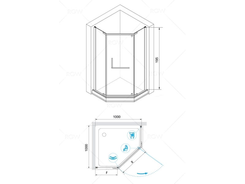 Купить Душевой уголок RGW Hotel HO-081 B, 100 х 100 x 195 см, 350608100-24, трапеция, дверь распашная, стекло сатинат/матовое, черный