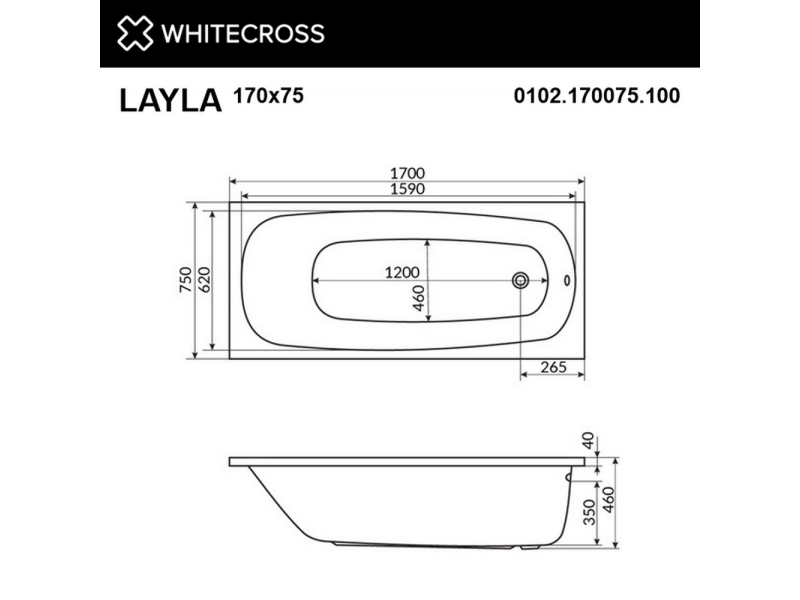 Купить Ванна гидромассажная Whitecross Layla Relax, 170 х 75 см, увеличенная толщина акрила, усиленная армировка, белый/бронза, 0102.170075.100.RELAX.BR