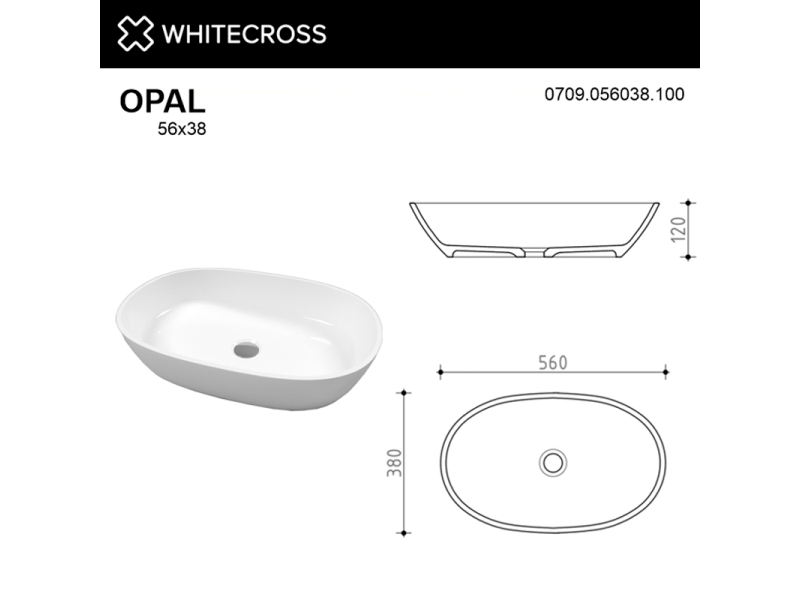 Купить Раковина Whitecross Opal, 56 х 38 см, накладная, белый глянец, 0709.056038.100