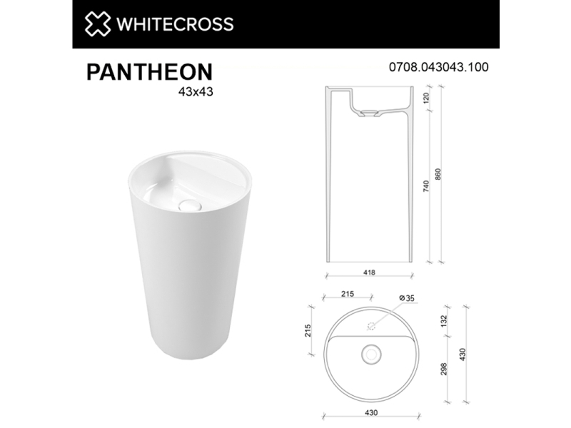 Купить Раковина Whitecross Pantheon, 43 х 43 см, напольная, белый глянец, 0708.043043.100