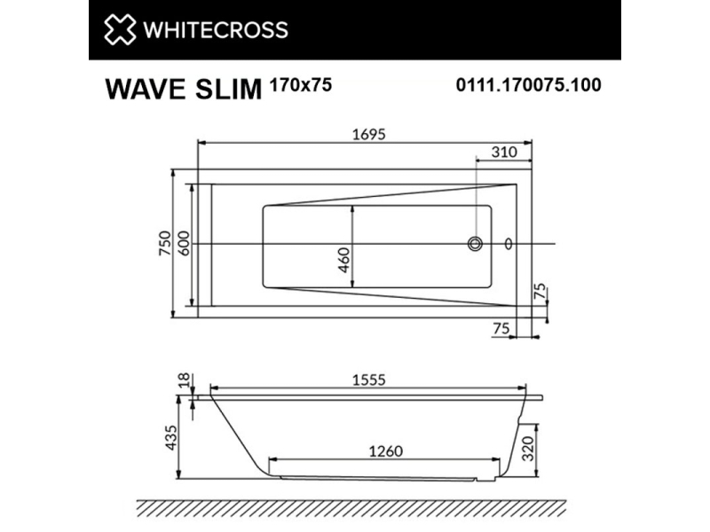 Купить Ванна гидромассажная Whitecross Wave Slim Soft, 170 х 75 см, белая/хром, 0111.170075.100.SOFT.CR