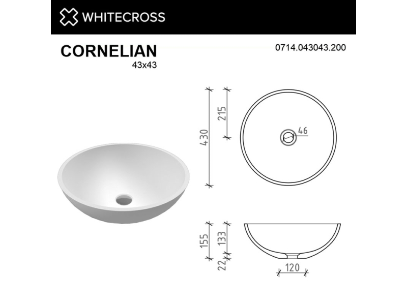 Купить Раковина Whitecross Cornelian, 43 х 43 см, накладная, белая матовая, 0714.043043.200