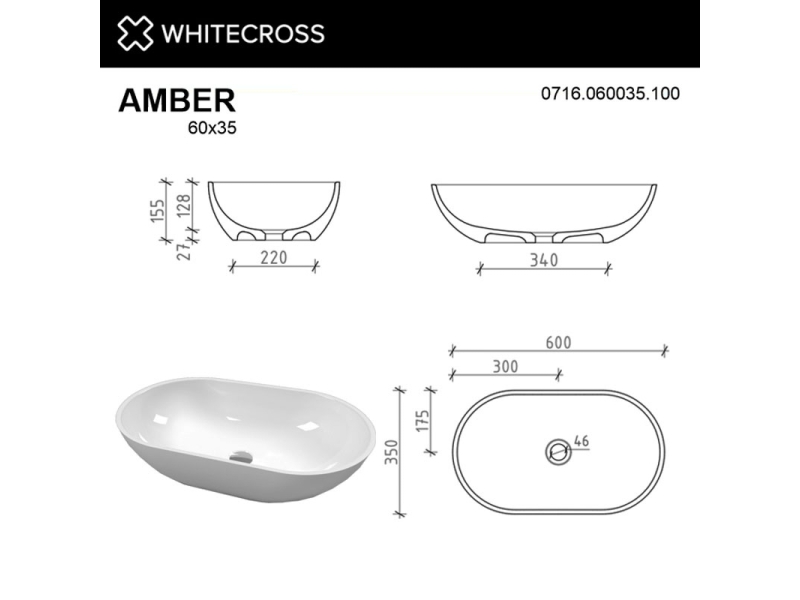 Купить Раковина Whitecross Amber, 60 х 35 см, накладная, белая, 0716.060035.100