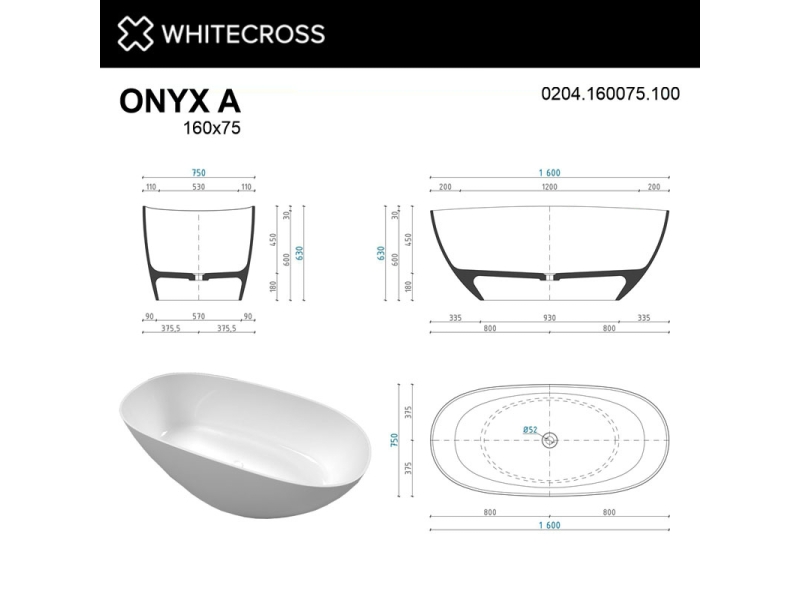 Купить Ванна из искусственного камня Whitecross Onyx A, 160 х 75 см, белая, 0204.160075.100