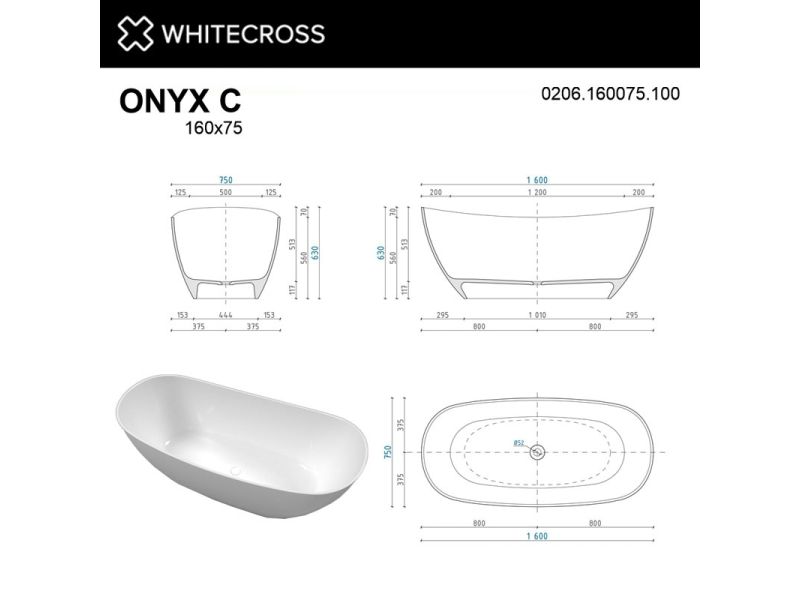 Купить Ванна из искусственного камня Whitecross Onyx C, 160 х 75 см, белая, 0206.160075.100