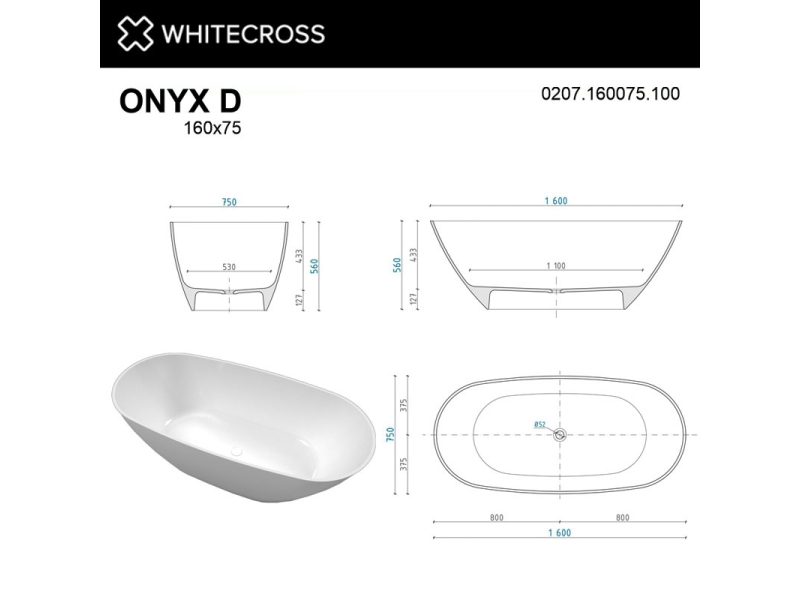 Купить Ванна из искусственного камня Whitecross Onyx D, 160 х 75 см, белая, 0207.160075.100