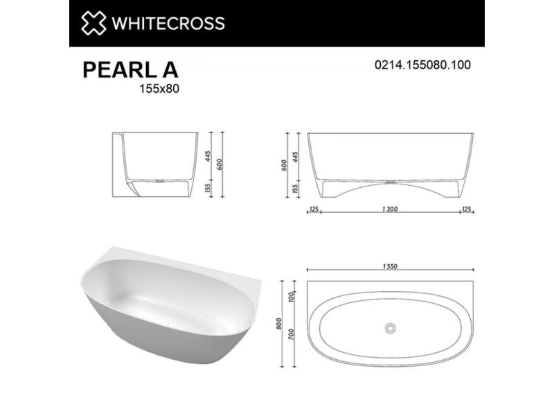 Купить Ванна из искусственного камня Whitecross Pearl A, 155 х 80 см, белая, 0214.155080.100