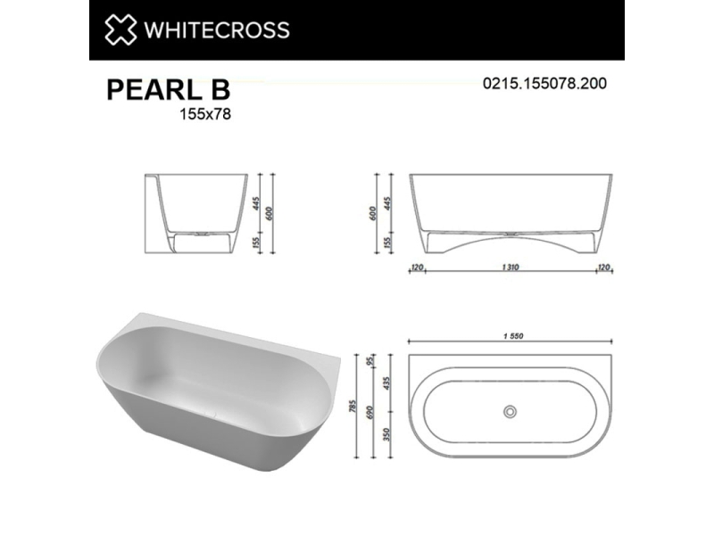 Купить Ванна из искусственного камня Whitecross Pearl B, 155 х 78.5 см, белая матовая, 0215.155078.200