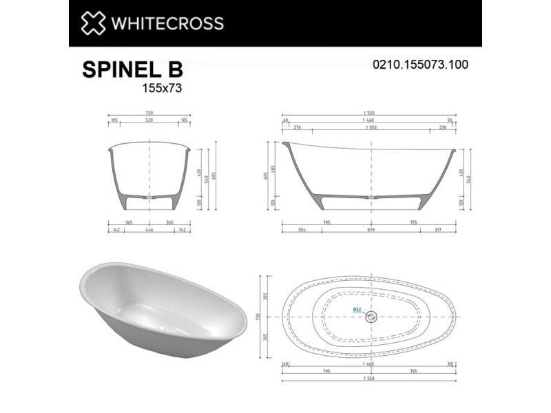 Купить Ванна из искусственного камня Whitecross Spinel B, 155 х 73 см, белая, 0210.155073.100