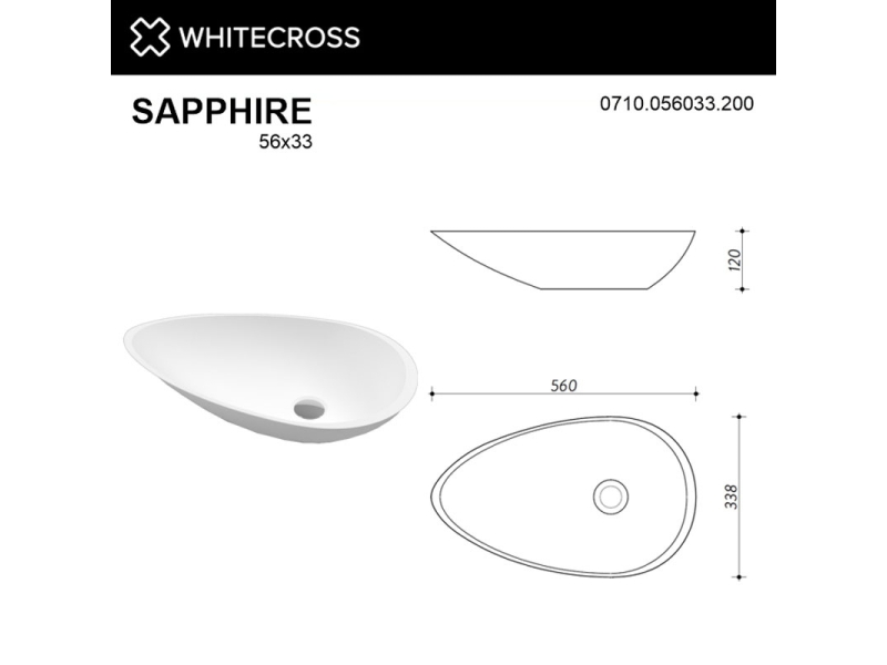 Купить Раковина Whitecross Sapphire, 56 х 33.8 см, накладная, белая матовая, 0710.056033.200