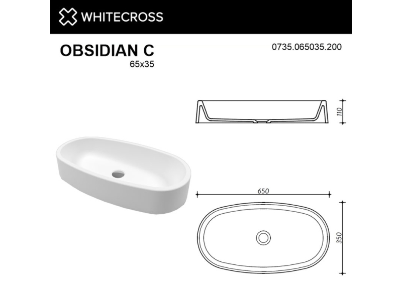 Купить Раковина Whitecross Obsidian C, 65 х 35 см, накладная, белая матовая, 0735.065035.200