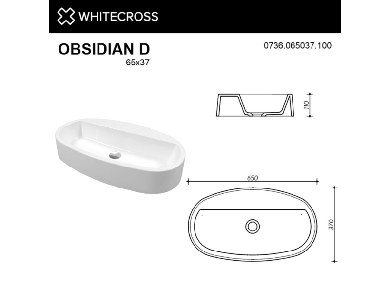 Купить Раковина Whitecross Obsidian D, 65 х 37 см, накладная, белая, 0736.065037.100