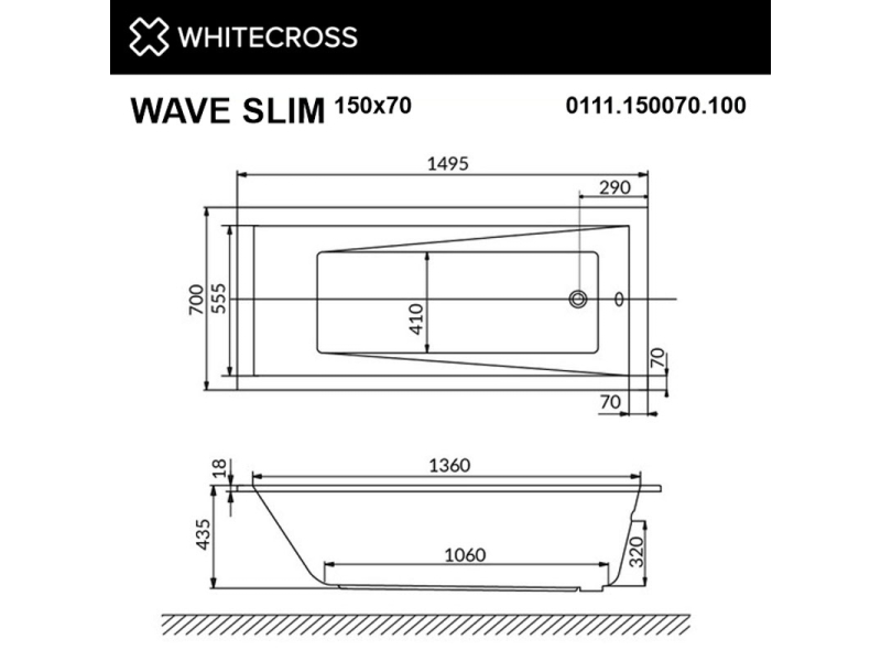 Купить Ванна гидромассажная Whitecross Wave Slim Relax, 150 х 70 см, белая/бронза, 0111.150070.100.RELAX.BR