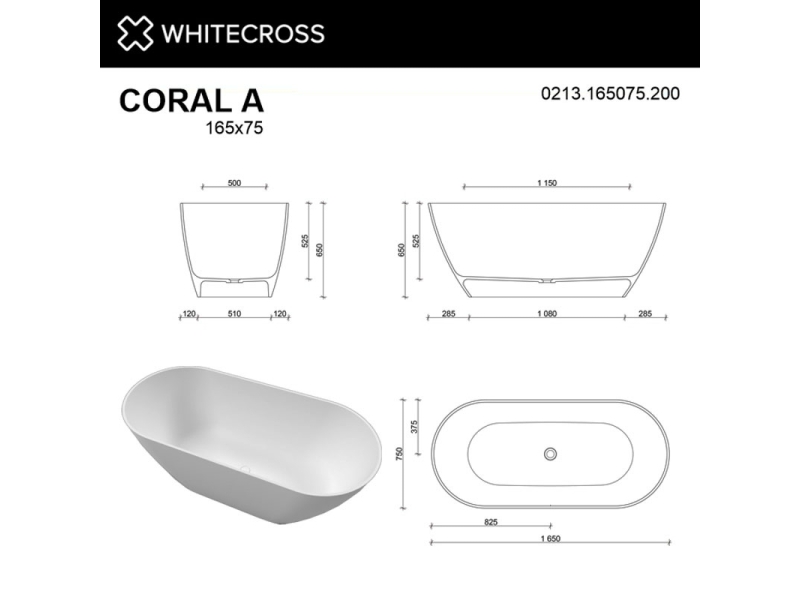 Купить Ванна из искусственного камня Whitecross Coral A, 165 х 75 см, белая матовая, 0213.165075.200