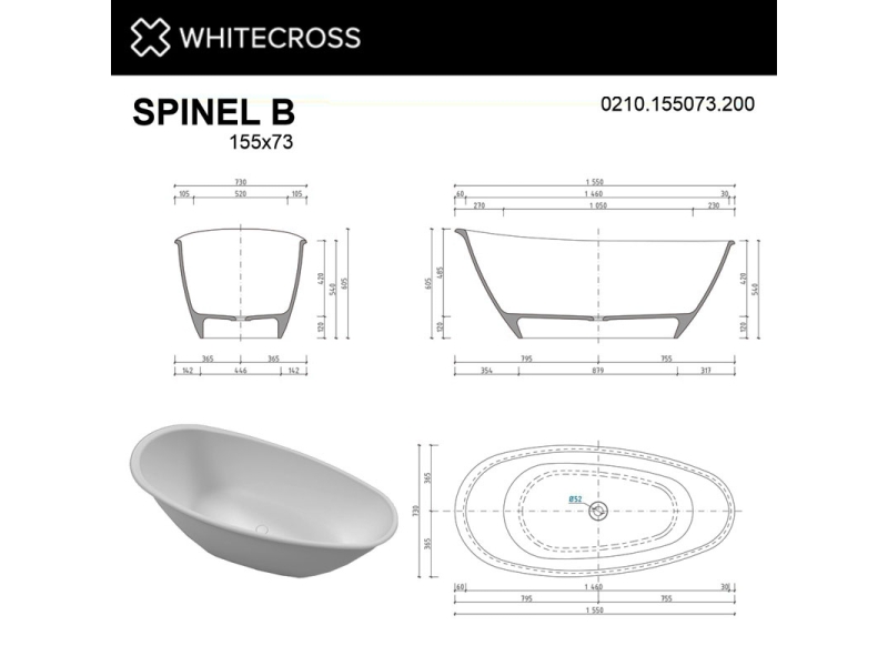 Купить Ванна из искусственного камня Whitecross Spinel B, 155 х 73 см, белая матовая, 0210.155073.200