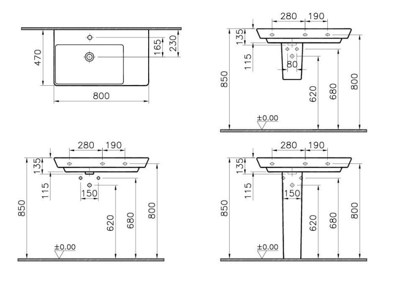 Купить Раковина Vitra T4 4453B003-0001 80 см подвесная асимметричная, 1 отверстие для смесителя, с переливом