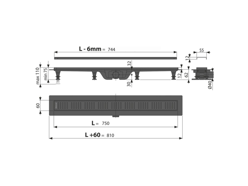 Купить Дренажный канал AlcaPlast, с решеткой латунь и опорами, APZ10BLACK-750BRASS