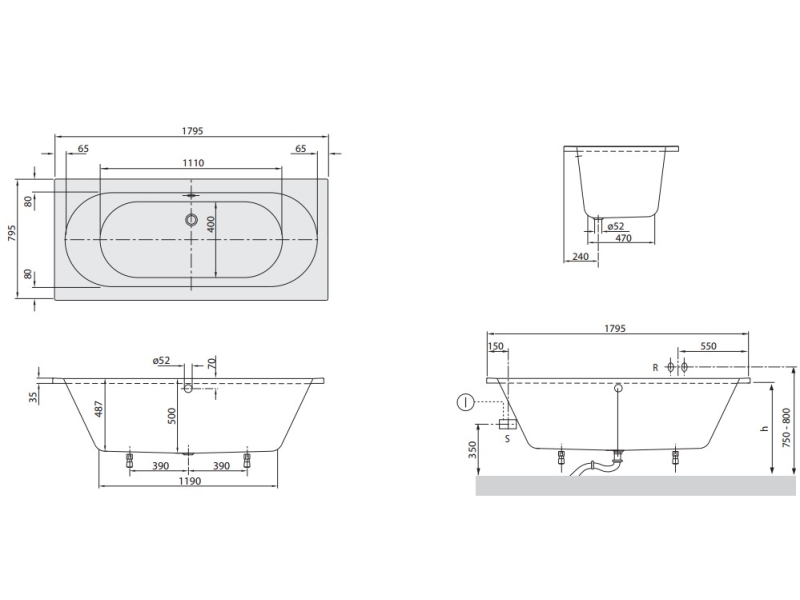 Купить Ванна Villeroy&Boch O.novo 180 x 80 см UBA180CAS2V-01 Solo, alpin