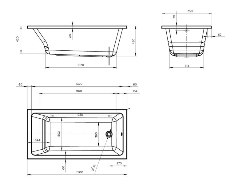 Купить Акриловая ванна 1MarKa Bianca 150 x 75 см, белый, 01бья1575