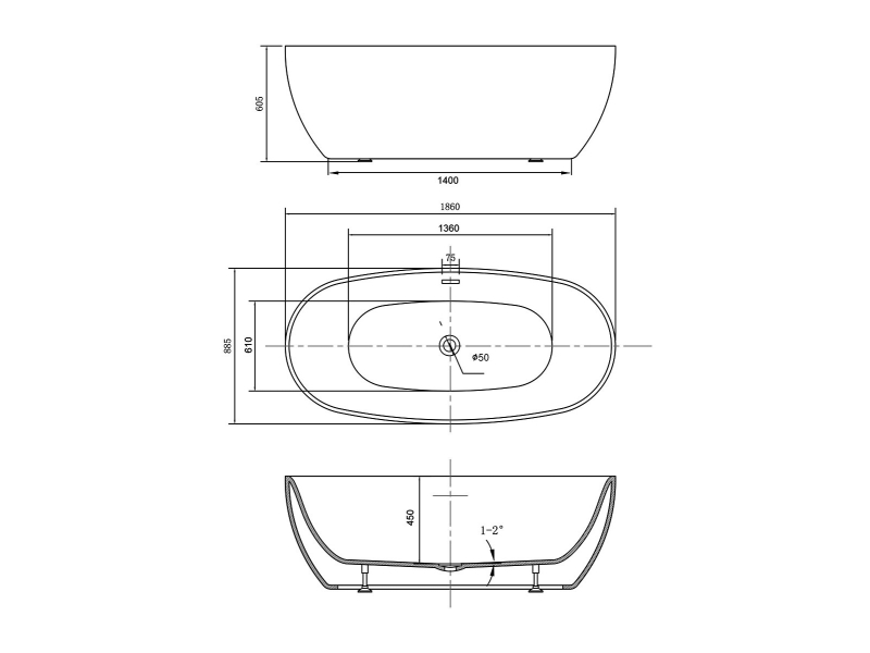 Купить Ванна акриловая Vincea VBT-405-1860, 186 x 88.5 см, слив-перелив в комплекте, белый