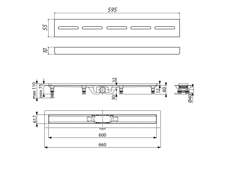 Купить Дренажный канал Timo Eco SP10-600, 60 см, желоб из пластика, перфорированная решетка, хром, SP10600-SG10600