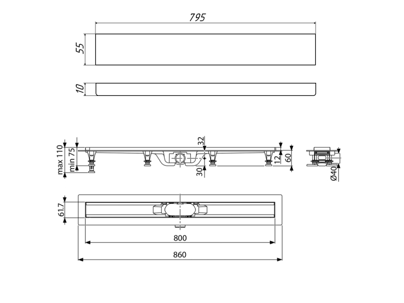 Купить Дренажный канал Timo Eco SP10-800, 80 см, желоб из пластика, вставка под плитку, хром, SP10800-PG10800